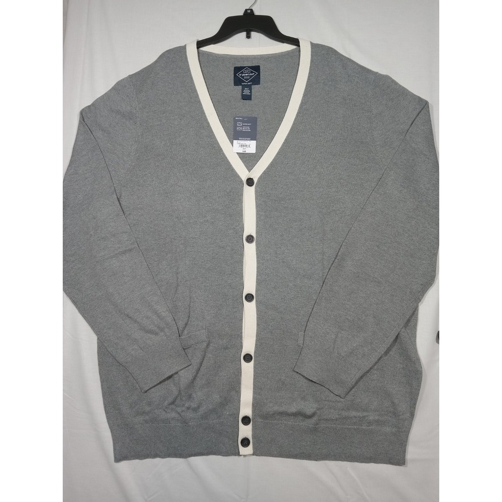 St John's Bay  Supersoft  Cardigan Sweater Mens V-neck Gray/with White Trim 3XLT